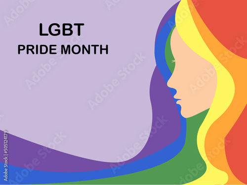 illustration of cartoon woman with colorful hair near lgbt pride month lettering on purple.