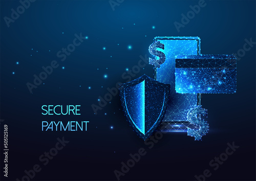 Futuristic secure payment, online banking concept with glow smartphone, credit card, shield, dollar