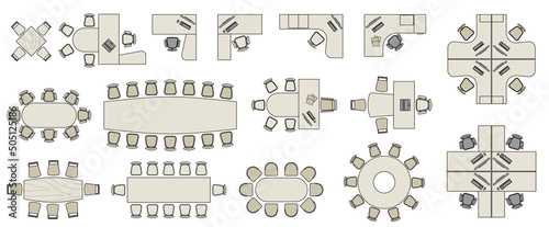 Office Furniture elements top view vector set. Kit for plan of office, house, apartment, workspace. Colorful collection of Interior icon. Table, chair, sofa, plant. Symbol for interior design, project