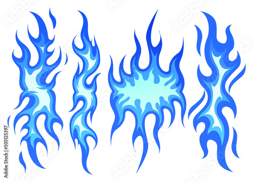 Set of blue flames vector illustration element, background, frame, effects, layout. Vector eps 10. Cartoon of flames. 