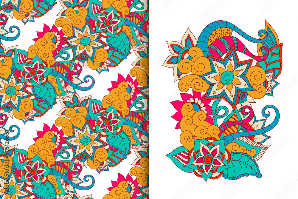 Fototapeta premium Abstract flower bouquet with seamless pattern. Floral background set