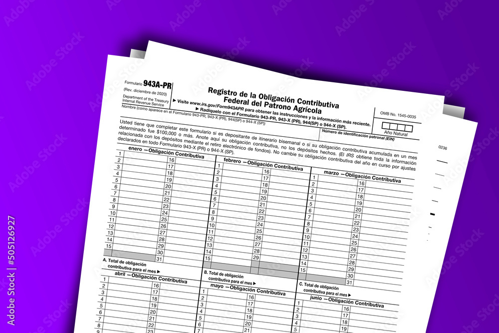 Fototapeta premium Form 943-A (PR) documentation published IRS USA 43902. American tax document on colored