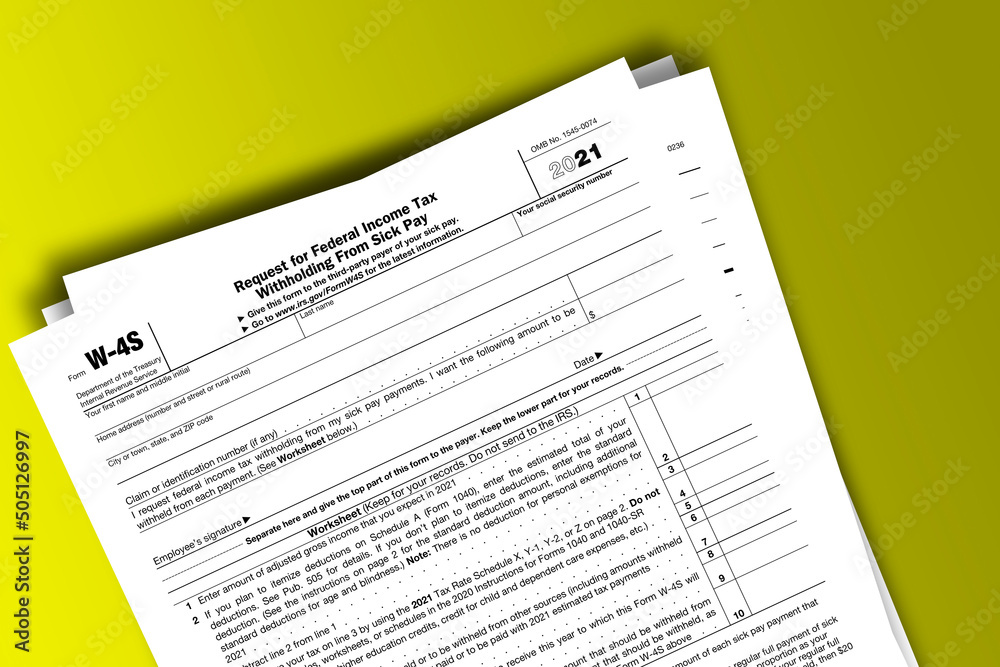 Form W-4S documentation published IRS USA 01.13.2021. American tax document on colored Form W-4S documentation published IRS USA 01.13.2021. American tax document on colored