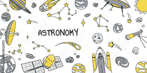 Astronomy concept for banner design with flat line doodle pattern. Hand drawing texture with stars, planets of solar system, comets, asteroids, satellite, rocket in cosmos. Vector illustration for web