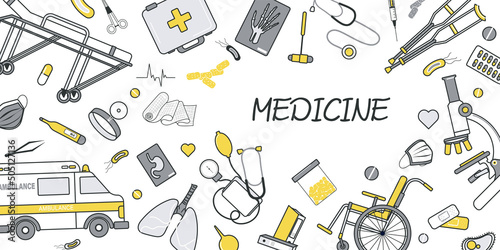 Medicine concept for banner design with flat line doodle pattern. Hand drawing texture with wheelchair, pills, stethoscope, lungs, ambulance, first aid kit and microscope. Vector illustration for web