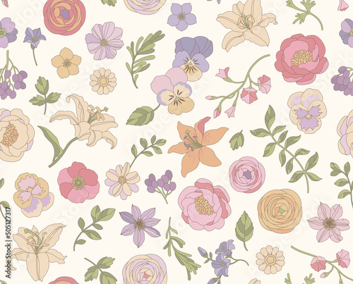 Floral seamless pattern for textile, wrapping paper and wallpaper. Leaves and flowers in the style of the 60s. Vintage botanical illustration. Vector background.