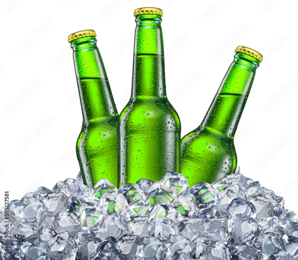 Three green bottles of beer with drops in the ice cubes isolated on a white background. - obrazy, fototapety, plakaty 