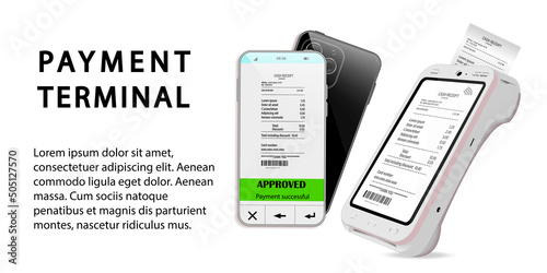 Vector Realistic black 3d Payment machine. Close-up of a POS terminal with a receipt with a smartphone and text on a white background. Design template, layout. Top View
