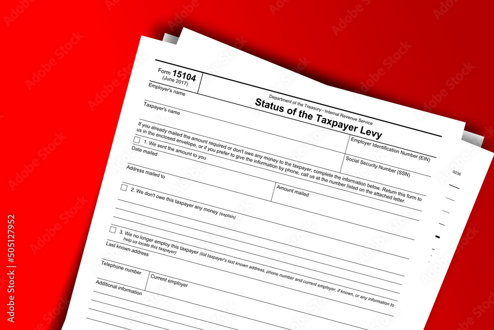 Form 15104 documentation published IRS USA 43374. American tax document on colored Form 15104 documentation published IRS USA 43374. American tax document on colored