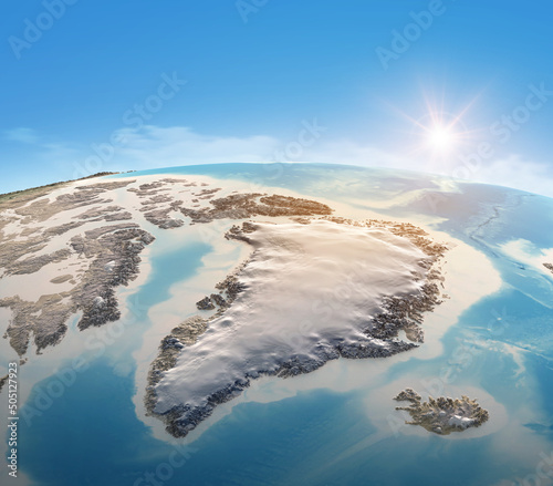 Fototapeta Naklejka Na Ścianę i Meble -  Physical map of Planet Earth, focused on Greenland. Satellite view of North Pole and Arctic Ocean, sun shining on the horizon. 3D illustration - Elements of this image furnished by NASA