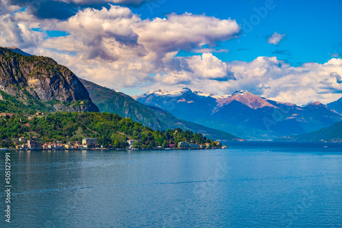 Panorama on Lake Como  with the villages of Tremezzina  Bellagio and the mountains that overlook them. 