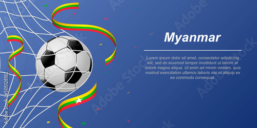 Soccer background with flying ribbons in colors of the flag of Myanmar