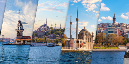 Obraz na płótnie Maiden's Tower, Galata Tower, Ortakoy Mosque and Suleymaniye Mosque, all in one Istanbul sights collage, Turkey w salonie