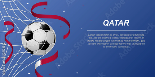 Soccer background with flying ribbons in colors of the flag of Qatar