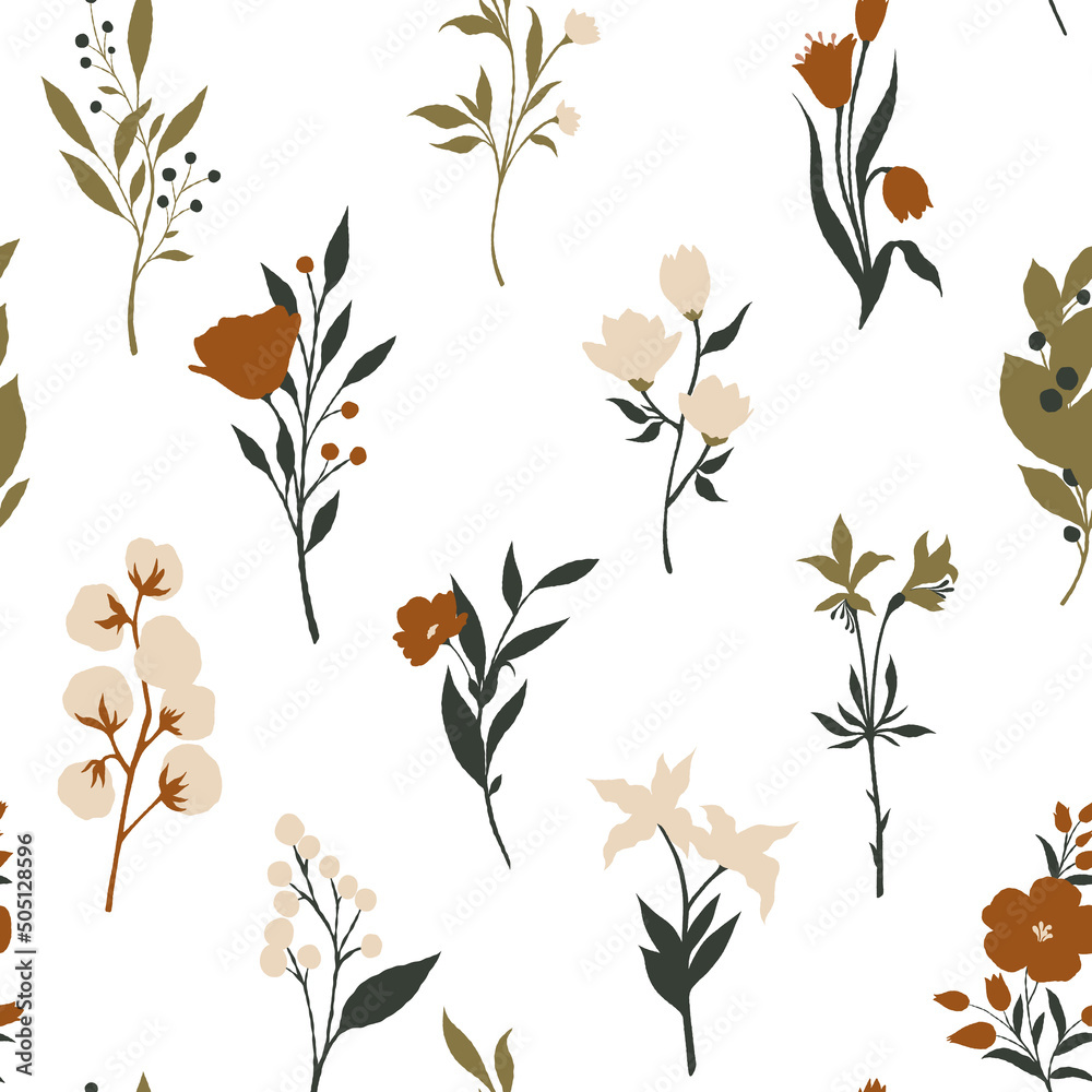 Delicate seamless pattern of bouquets of different types of flowers on a white background