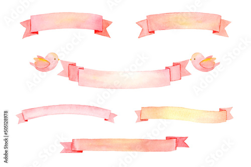 透明水彩で描いたリボンバナーのセット