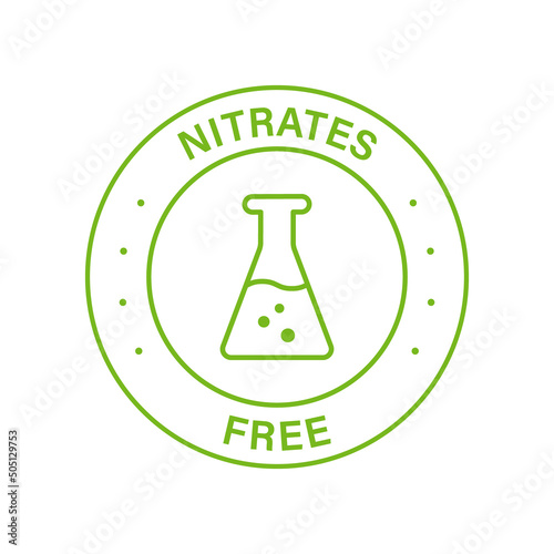 Nitrates Free Line Green Stamp. No Nitrate Label. Free Nitrites in Food Ingredient Symbol. Nutrition Certified Control Not Nitrate Sign. Guarantee Non Nitrite Logo. Isolated Vector Illustration