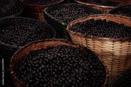Acai baskets on display at Ver-o-Peso Market in Belém, Pará, Amazon, Brazil