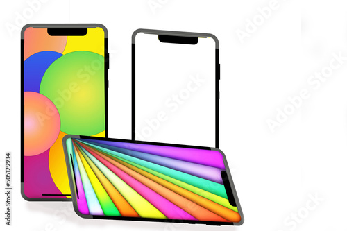 Maquettes de trois smartphones avec écran coloré, deux debout, un couché et un écran vide sur fond blanc	 photo