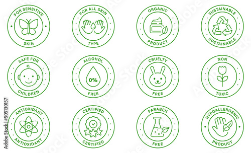 Natural Bio Cosmetic Product Line Stamp. Ecological Skincare Makeup Green Label Set. Eco Friendly Cosmetic Ingredient Sticker. Symbol. Cruelty Free Certificate Seal. Isolated Vector Illustration