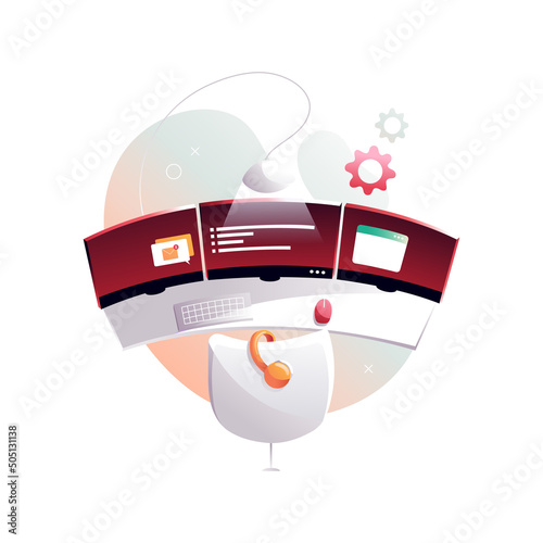 A programmer's workplace, a monitor with program code and messengers. Isolated vector illustration.