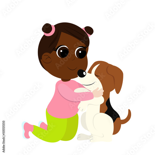 Little charming girl hugs a beagle dog. The child is sitting on his lap, smiling and happy. The girl is dressed in trousers and a blouse. Friendship between man and dog.