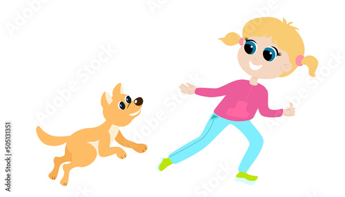 The girl plays with the dog, she runs, and the animal catches up. The girl is dressed in trousers and a sweatshirt. Friendship between man and dog. The child is happy and cheerful.