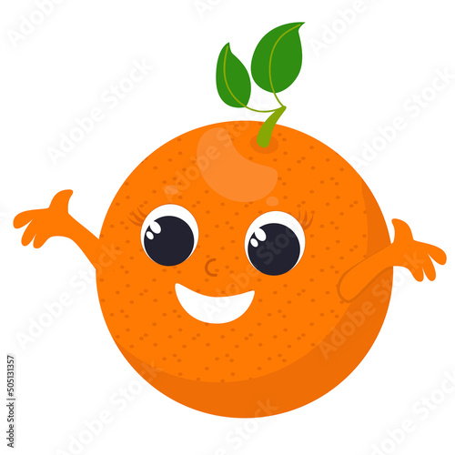 Cheerful orange isolated on white background. Character design for baby packaging, pattern, merchandise, shampoo or shower gel.