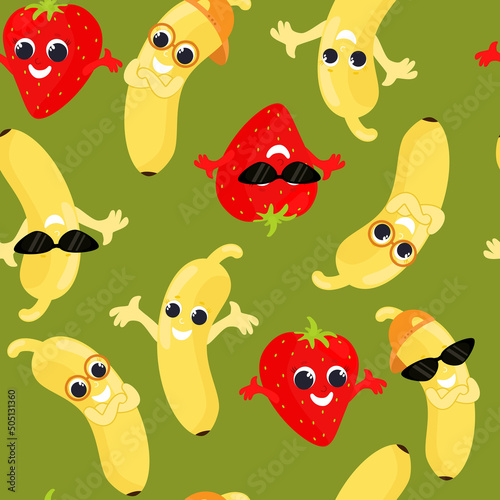 Seamless pattern fruit banana and strawberry in different poses, glasses, baseball cap. Fruits with faces, they are joyful and happy and smiling. Pattern for baby packaging, textiles, design.