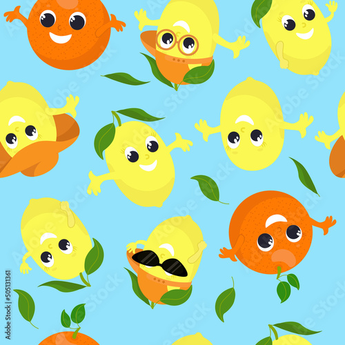 Seamless pattern citrus fruits lemon and orange in different poses, glasses, baseball cap. Fruits with faces, they are joyful and happy and smiling. Pattern for baby packaging, textiles, design.