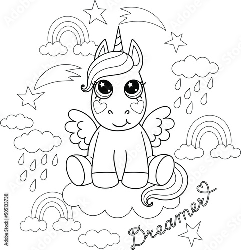 Dreamer text. Adorable baby unicorn with rain clouds and rainbows. Vector outline for coloring book