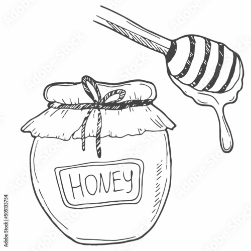 Honey in a glass jar with wooden spoon hand drawn outline doodle icon. Glass jar full of honey and stick line icon for infographic, website or app.