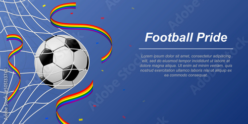 Soccer background with flying ribbons in colors of the LGBT flag