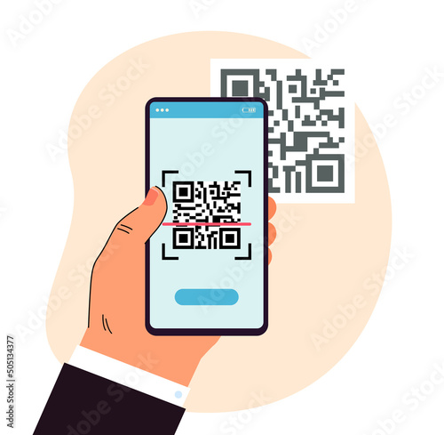 Man scanning QR-code with mobile phone. Male hand holding device directed at code. Modern technology concept for banner, website design or landing web page