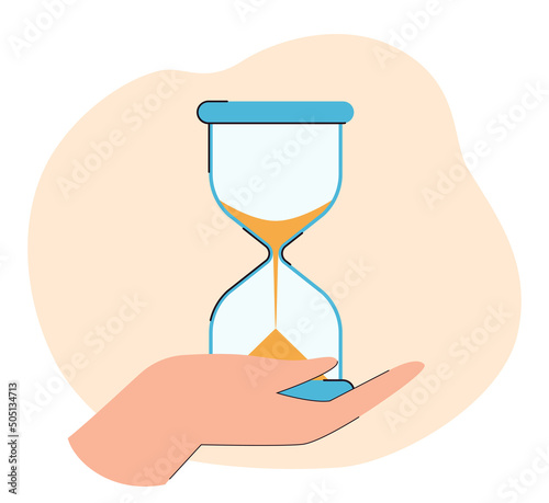 Hand holding hourglass. Sandglass with running sand. Time concept for banner, website design or landing web page
