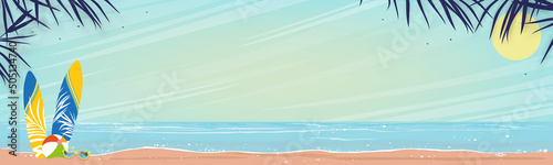 Seascape of blue ocean and coconut palm tree on island,Horizontal Sea beach, sand with blue sky and fluffy cloud,Vector illustration beautiful nature of landscape seaside for Summer holiday background