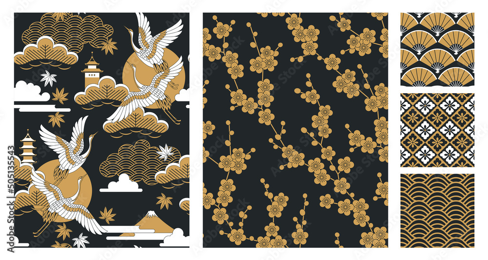 Japanese seamless patterns set with landscapes, oriental cherry flowers, cranes and pagodas. Vector illustration.