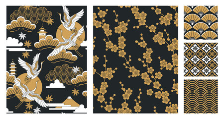 Gardinen Tiermuster Japanese seamless patterns set with landscapes, oriental cherry flowers, cranes and pagodas. Vector illustration.  © Anna Sm