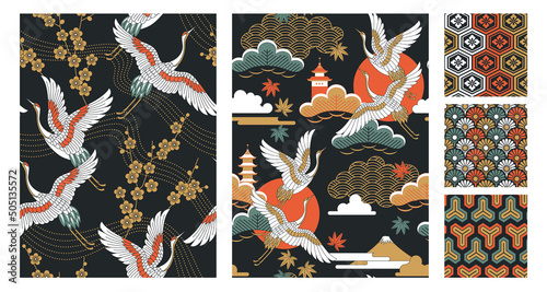 Fotografiet Japanese seamless patterns set with landscapes, oriental cherry flowers, cranes and pagodas