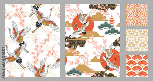 Japanese seamless patterns set with landscapes, oriental cherry flowers, cranes and pagodas. Vector illustration.