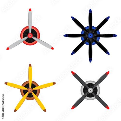 Front view of plane propellers vector illustrations set. Different airplane or aircraft blade propellers, vintage rotor blades isolated on white background. Aeronautics, aviation industry concept