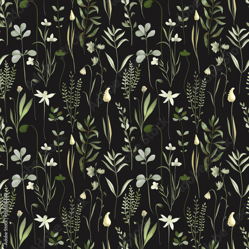 Seamless pattern of watercolor forest greenery and grasses  illustrations on a dark background