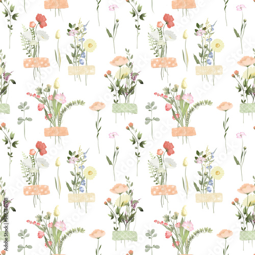 Seamless pattern of watercolor wildflower bouquets on the scotch  summer herbarium  illustrations on a white background