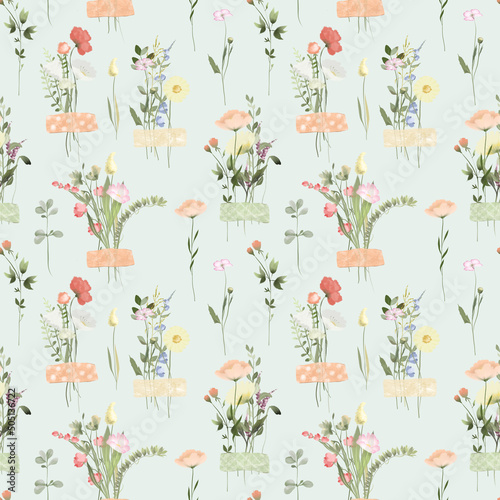Seamless pattern of watercolor wildflower bouquets on the scotch, summer herbarium, illustrations on a green background photo