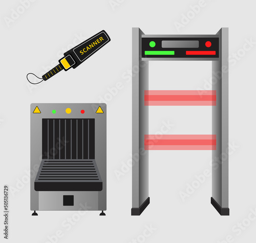 Security checkpoint elements flat vector illustrations set. Metal detector gate, X-ray scanner for luggage or baggage in airport isolated on grey background. Security, traveling concept