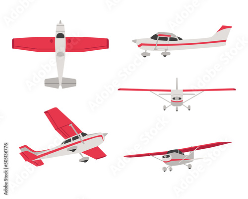 Front, side, top, bottom views of plane vector illustrations set. Flying propeller airplane, different views of aircraft isolated on white background. Tourism, aviation industry concept