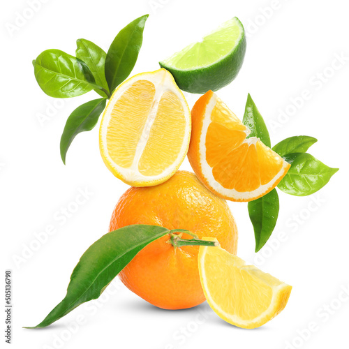 Fototapeta Naklejka Na Ścianę i Meble -  Fresh juicy citrus fruits and green leaves on white background
