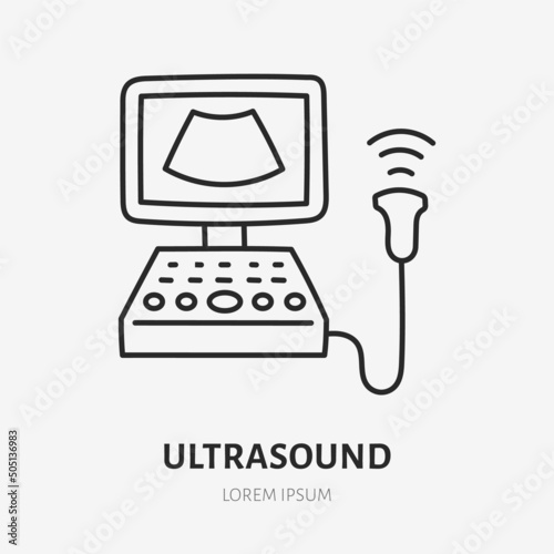 Ultrasound doodle line icon. Vector thin outline illustration of echography machine. Black color linear sign for pregnancy medical scanner
