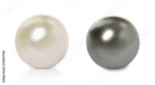 Two beautiful pearls on white background, closeup. Banner design