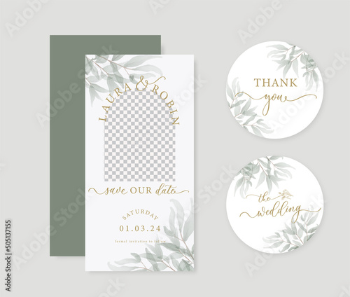 Photo Arch greenery wedding Save the Date Bookmark. Luxury arch wedding invitation card background with green watercolor botanical leaves.